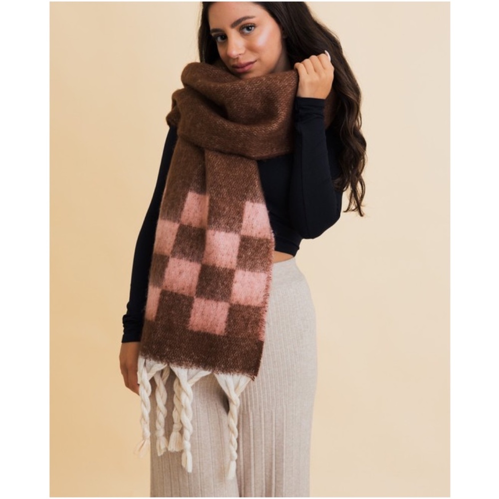 Cozy Brushed Fabric Plaid Tassel Scarf